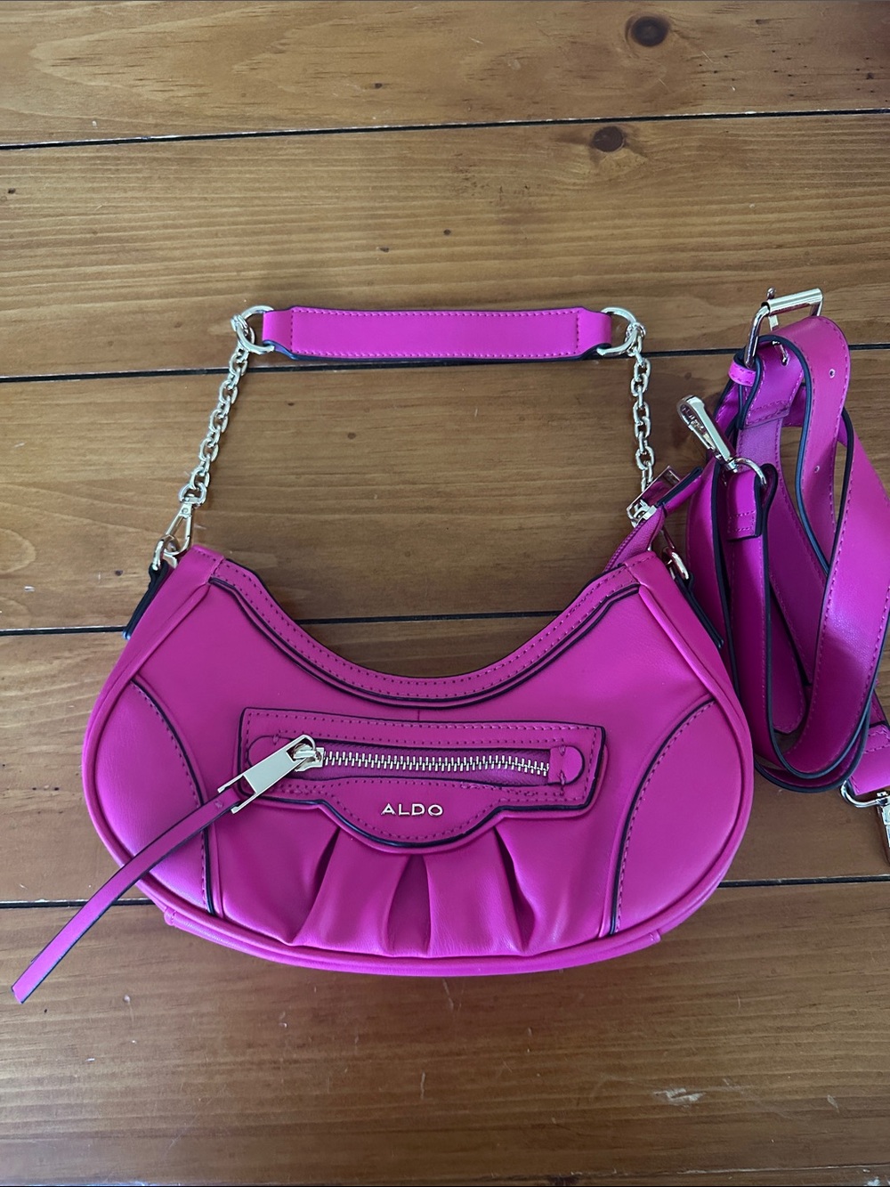 Aldo Hot Pink Crescent Crossbody with Gold Chain